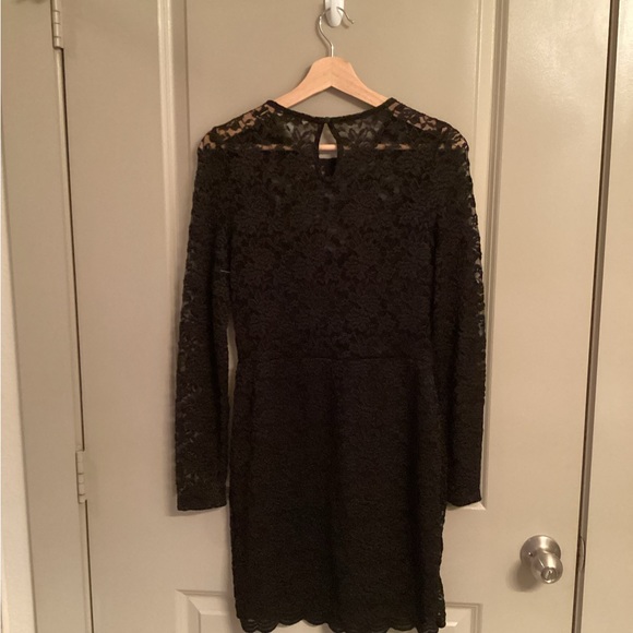 bar iii black lace dress Bar III Size Small Dress Mesh Lace Sides Fit & Flare Deep Black Rose Gold Zip